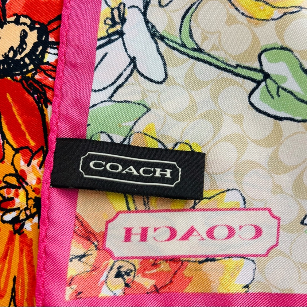 Coach Signature C Floral Print Scarf 26” Square Orange Yellow Pink Tan RN26128 - Picture 3 of 6